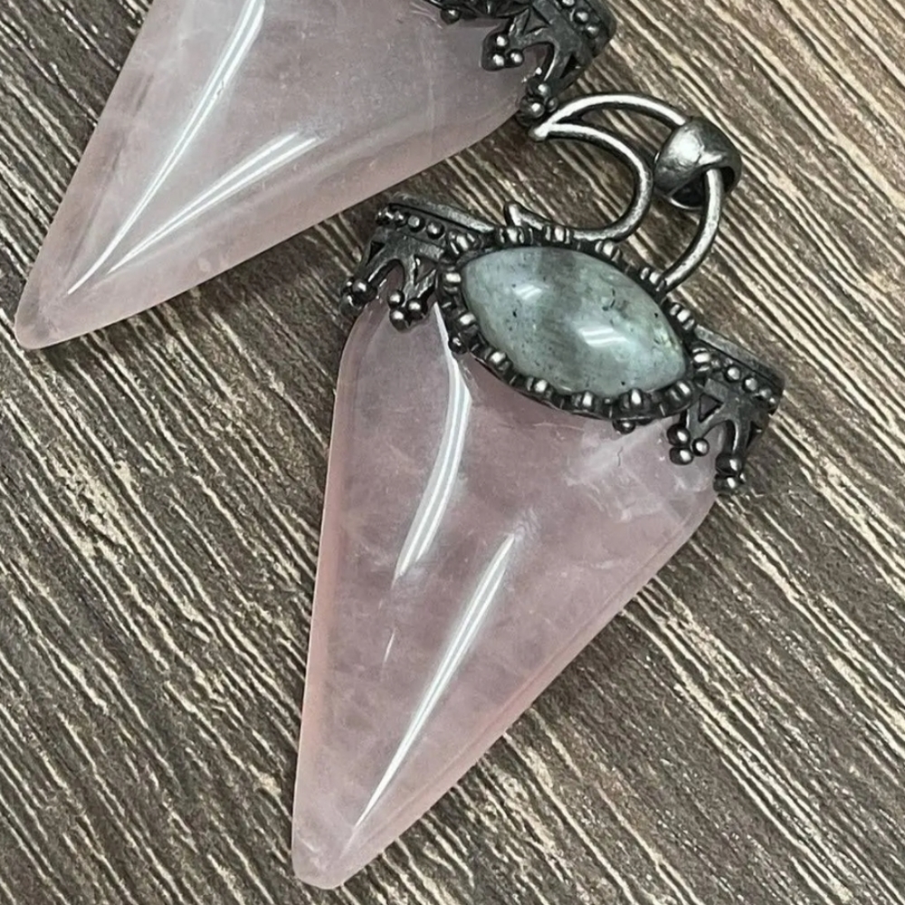 Rose Quartz and Labradorite Moon triangle point pendant with necklace